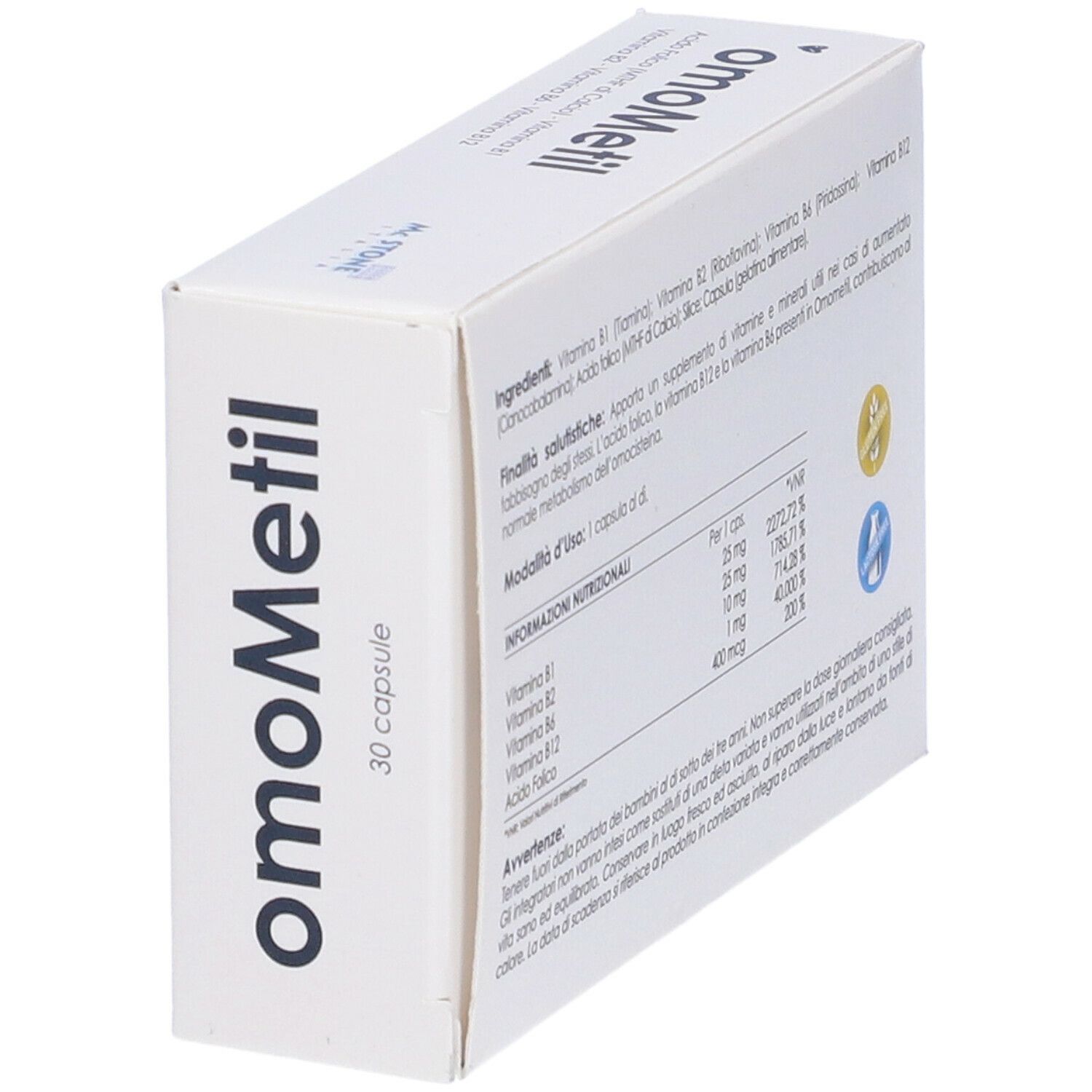 Boîte avec ingrédients et informations nutritionnelles. Contient vitamines et minéraux. Marque McStone.