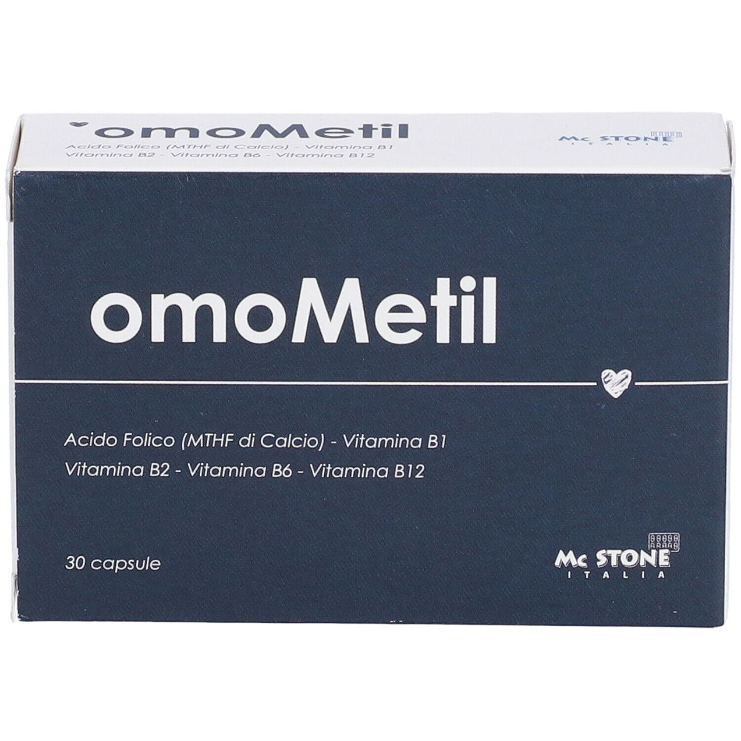 Boîte bleu foncé avec inscription blanche "omoMetil". Contient 30 gélules. Marque McStone.