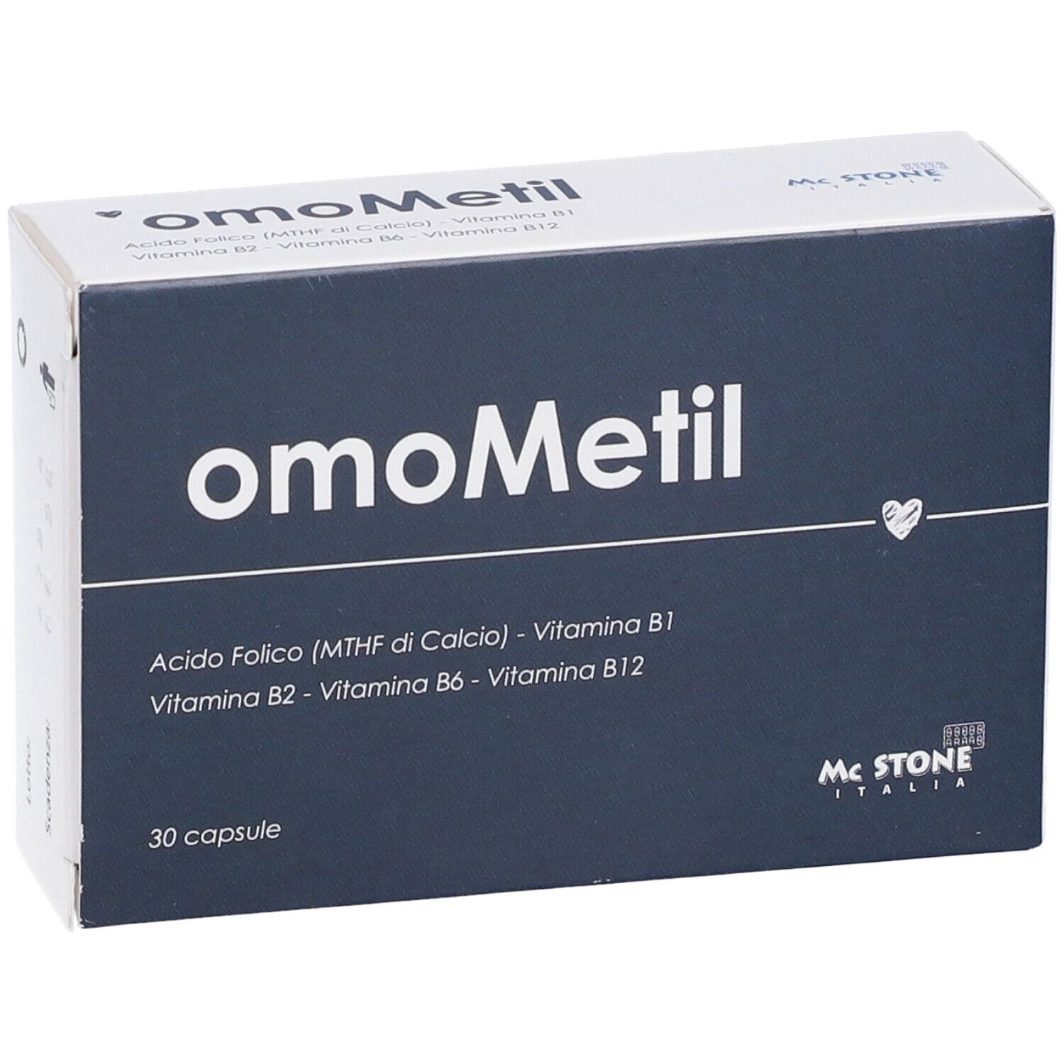 Boîte bleu foncé avec inscription blanche "omoMetil". Contient 30 gélules. Marque McStone.