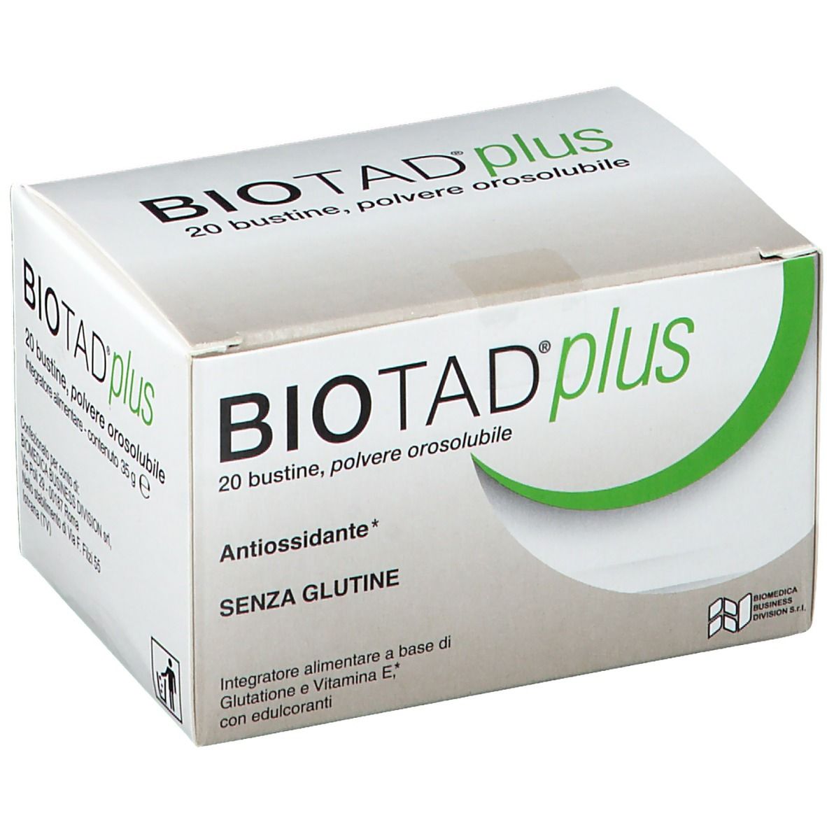 Schachtel mit Biotad® Plus. Aufschrift: 20 Beutel, orosolubles Pulver. Grün-weiße Verpackung. Antioxidans, glutenfrei.