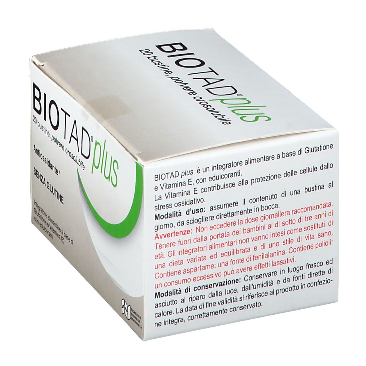 Schachtel Biotad® Plus, schräg. Aufschrift: 20 Beutel, orosolubles Pulver. Grün-weiße Verpackung. Text auf der Seite.