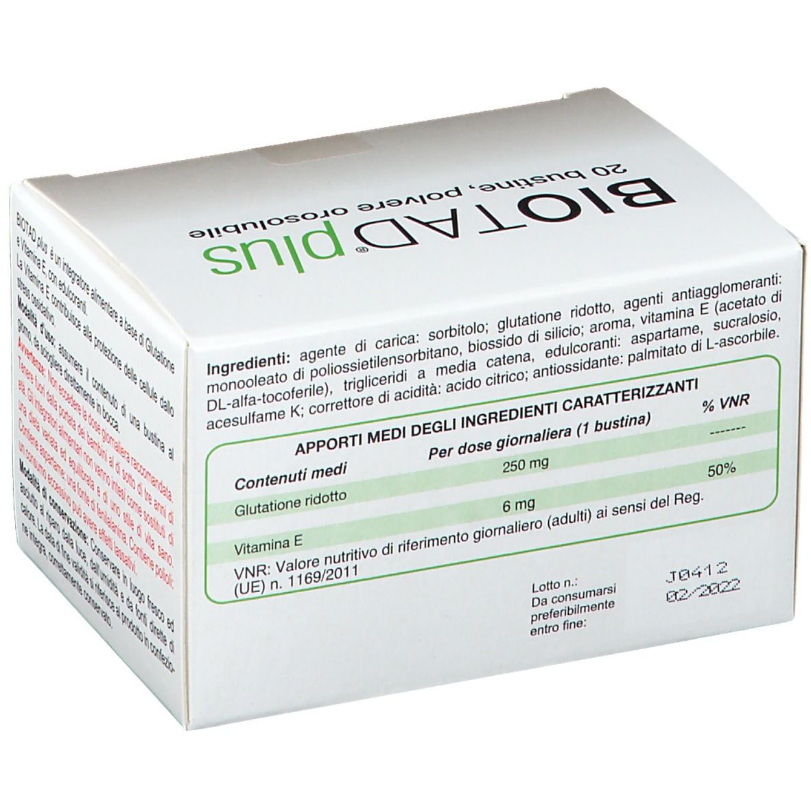Rückseite der Biotad® Plus-Schachtel. Enthält Informationen zu Inhaltsstoffen und Nährwerten. Text in italienischer Sprache.