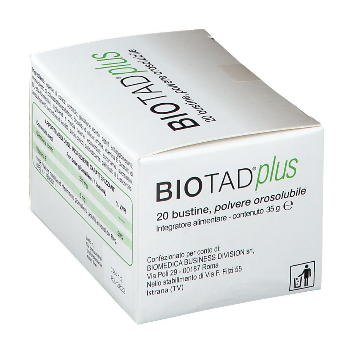 Biotad® Plus-Schachtel. Aufschrift: 20 Beutel, orosolubles Pulver. Enthält Informationen zu Inhaltsstoffen und Nährwerten.