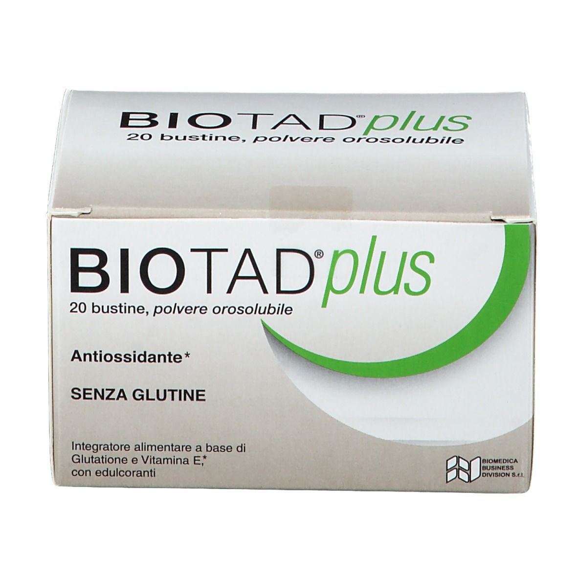 Biotad® Plus-Schachtel. Aufschrift: 20 Beutel, orosolubles Pulver. Grün-weiße Verpackung. Antioxidans, glutenfrei.