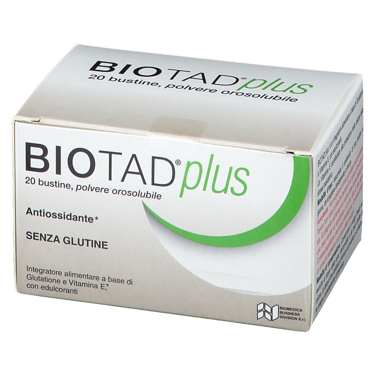 Biotad® Plus-Schachtel. Aufschrift: 20 Beutel, orosolubles Pulver. Grün-weiße Verpackung. Antioxidans, glutenfrei.