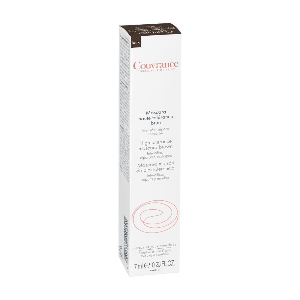 Emballage Avene Couvrance Mascara. Boîte blanche avec informations produit. Texte brun. Logo.