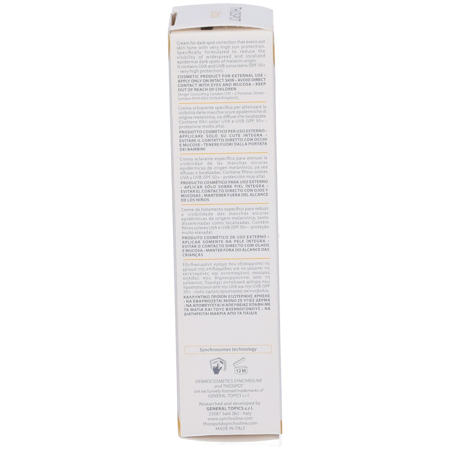 Produktverpackung. Rückseite des weißen Kartons mit Text in mehreren Sprachen. Enthält 30 ml.