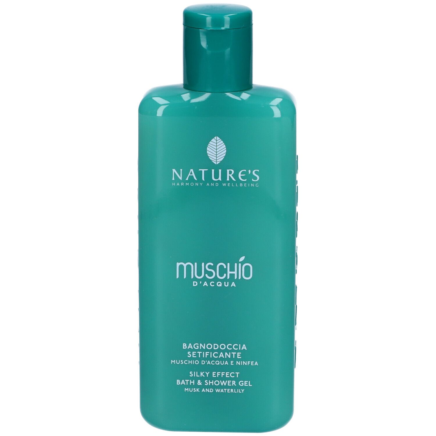 Flacon turquoise avec bouchon vert. Inscription: NATURE'S, Muschio d'Acqua, Bagnodoccia Setificante, Silky Effect, Bath & Shower Gel.