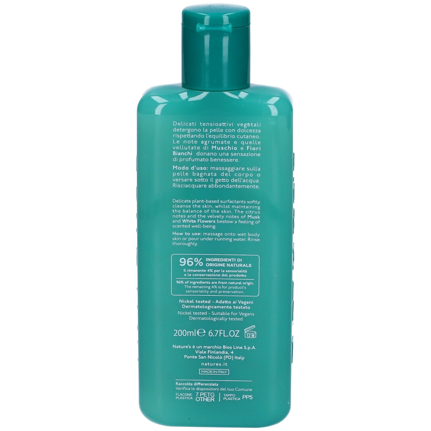 Dos d'un flacon turquoise. Texte en italien et en anglais. 96% d'ingrédients d'origine naturelle.