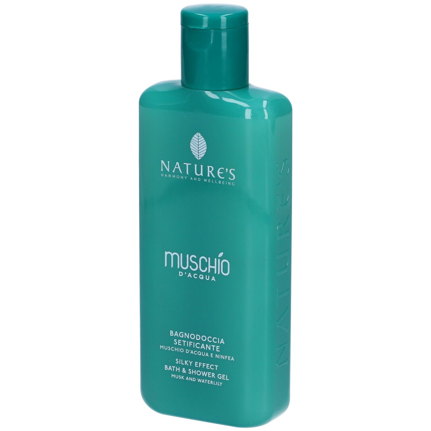 Flacon turquoise avec bouchon vert. Inscription: NATURE'S, Muschio d'Acqua, Bagnodoccia Setificante, Silky Effect, Bath & Shower Gel.