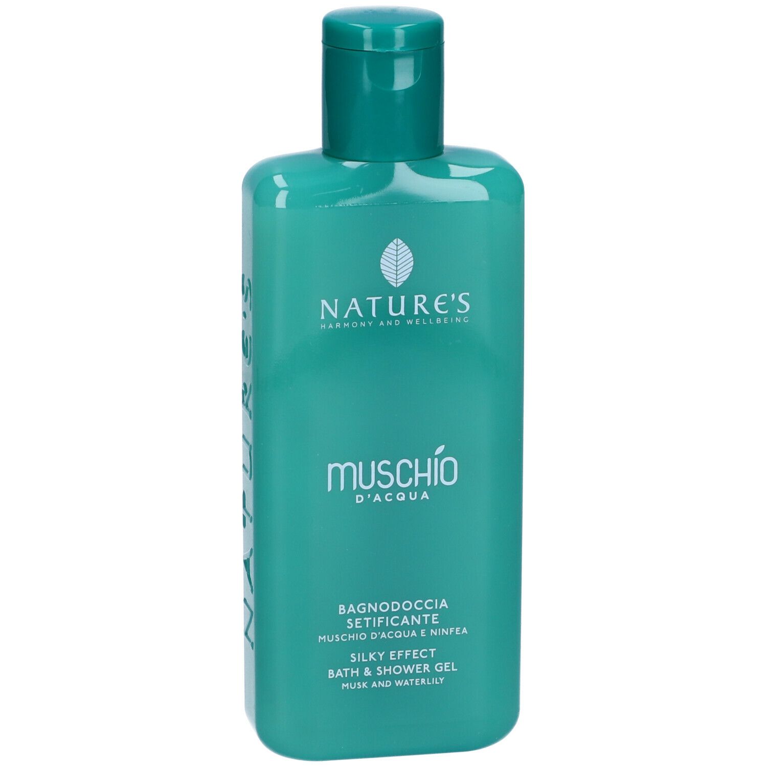 Flacon turquoise avec bouchon vert. Inscription: NATURE'S, Muschio d'Acqua, Bagnodoccia Setificante, Silky Effect, Bath & Shower Gel.