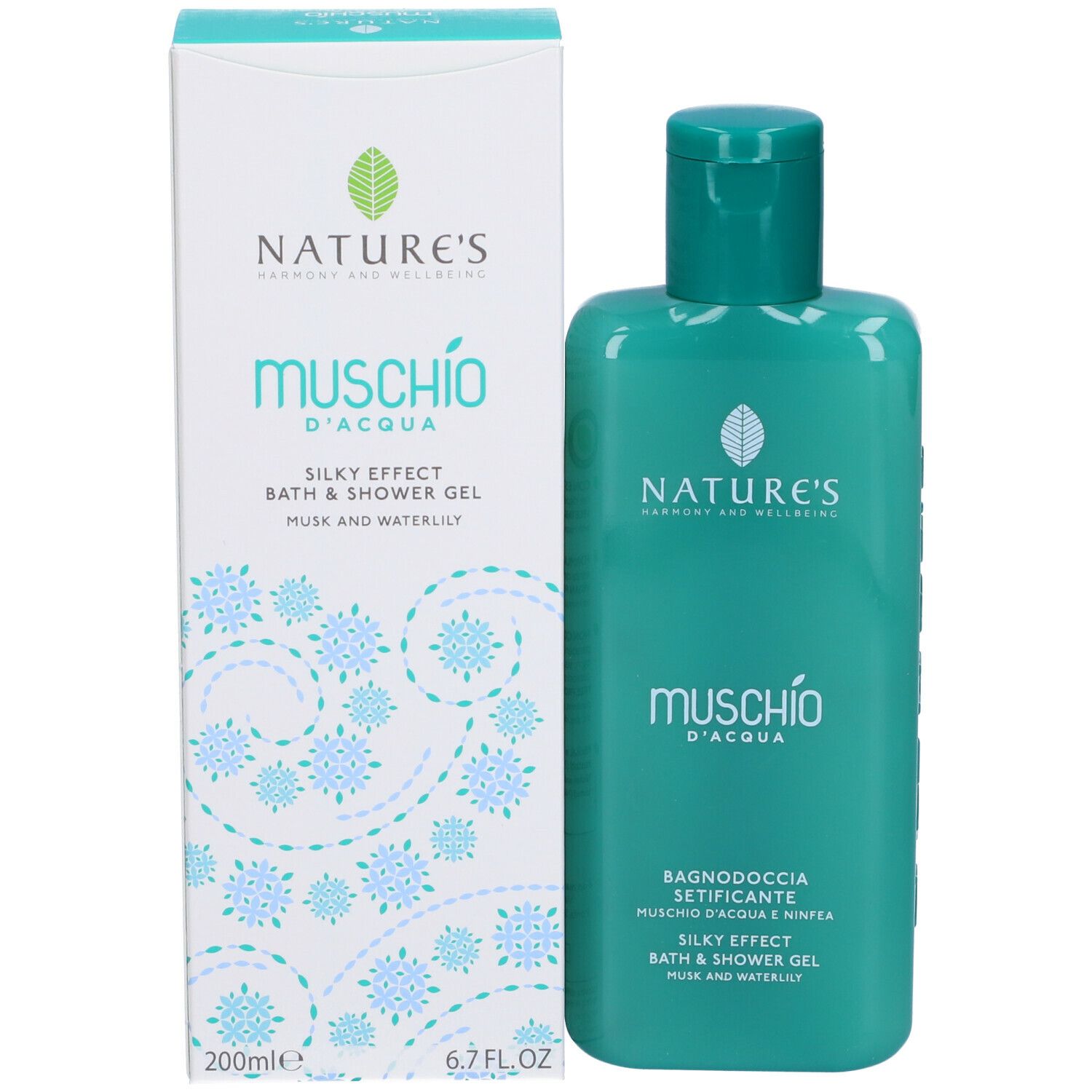 Emballage du produit avec flacon et boîte. Inscription: NATURE'S, Muschio d'Acqua, Silky Effect, Bath & Shower Gel.