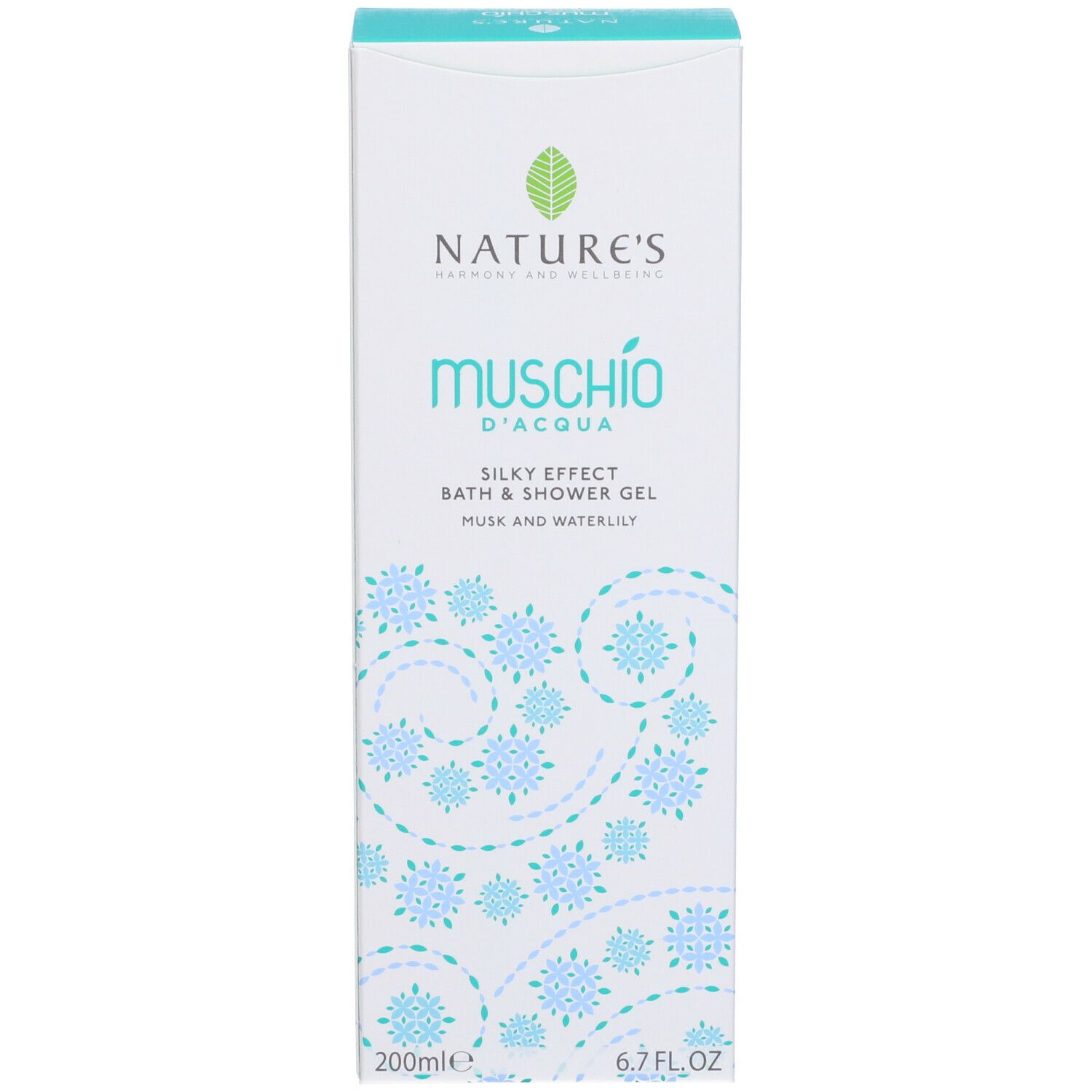 Emballage du produit, boîte. Inscription: NATURE'S, Muschio d'Acqua, Silky Effect, Bath & Shower Gel.