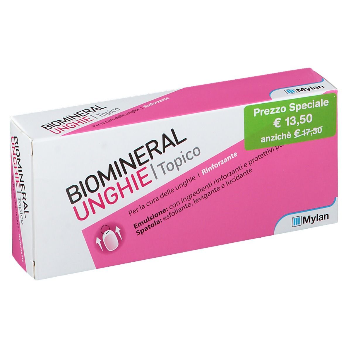 Boîte Biomineral Unghie Topico. Emballage rose et blanc avec indication de prix.