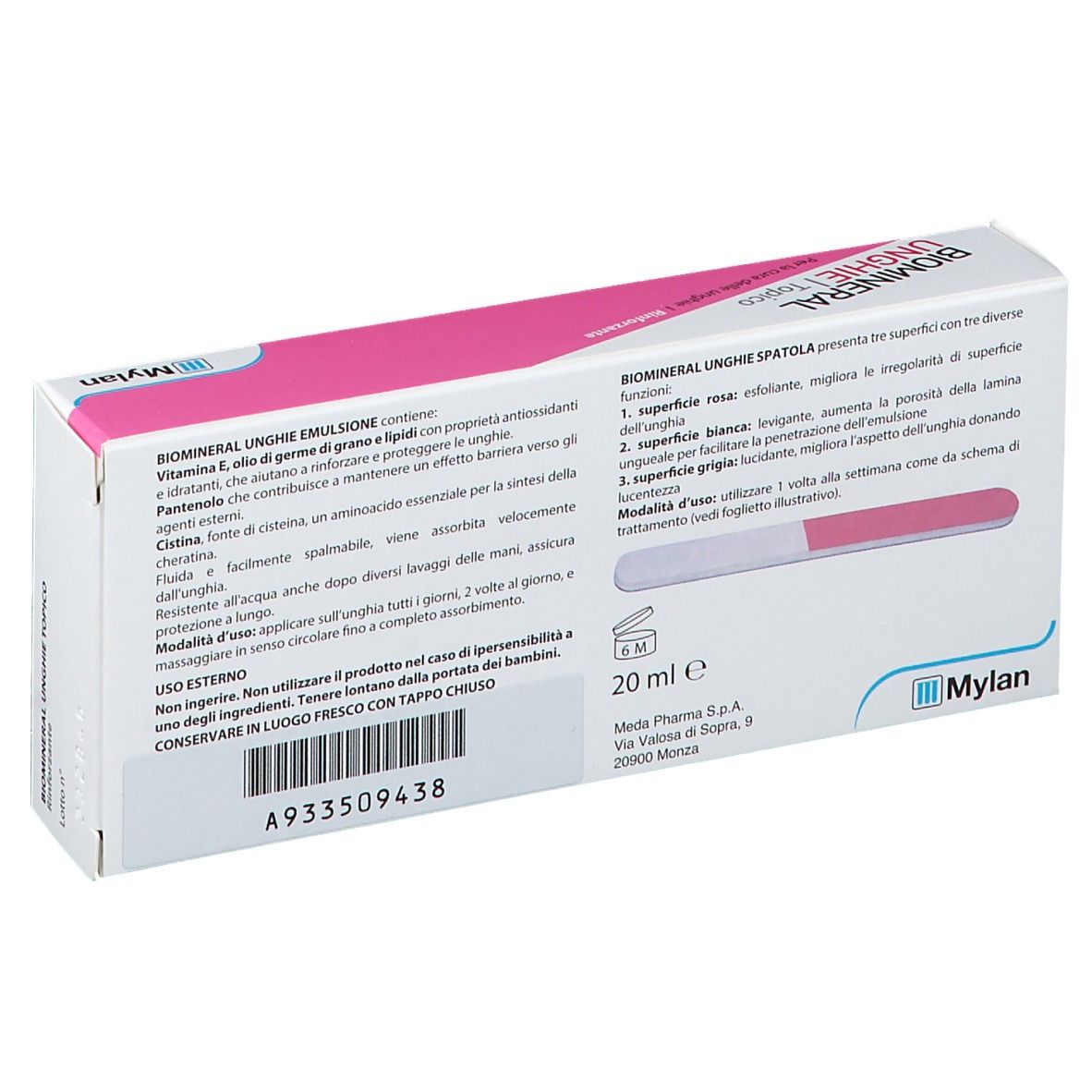 Dos de la boîte Biomineral Unghie Topico. Informations textuelles et indication de volume 20 ml.