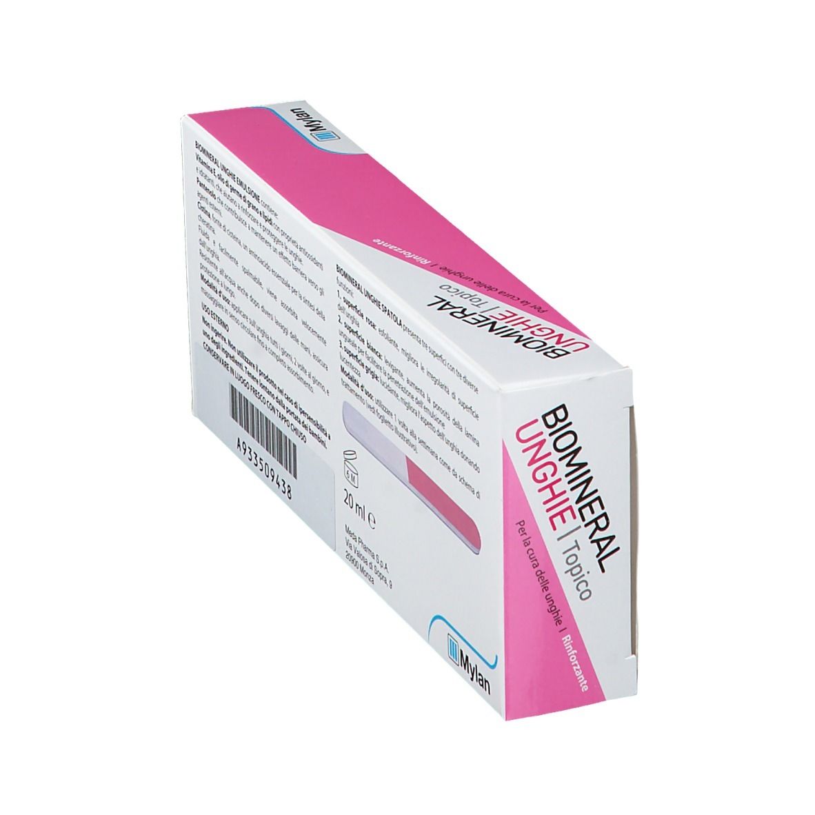 Boîte Biomineral Unghie Topico en biais. Informations textuelles et volume 20 ml.