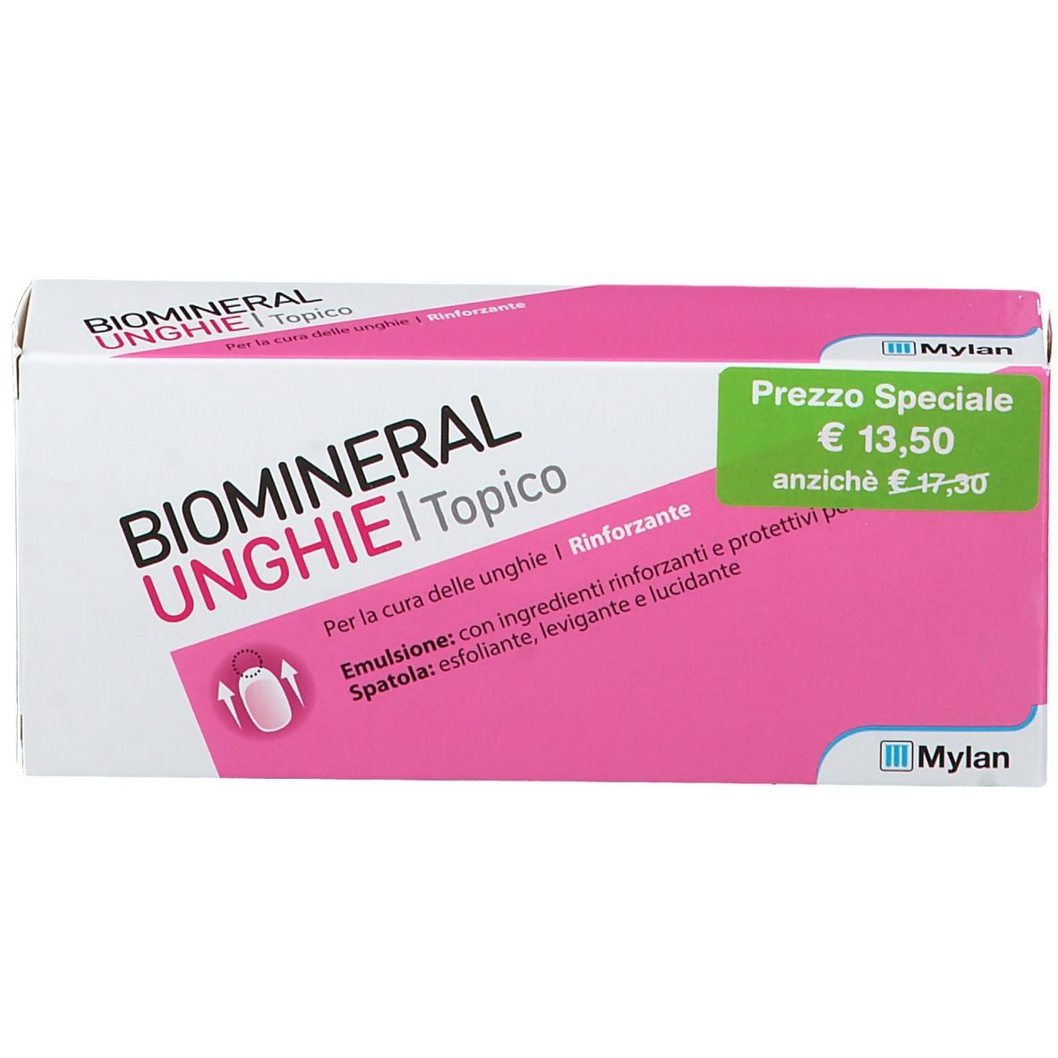 Boîte Biomineral Unghie Topico. Emballage rose et blanc avec indication de prix.