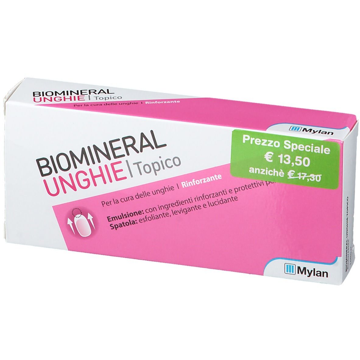 Boîte Biomineral Unghie Topico. Emballage rose et blanc avec indication de prix.