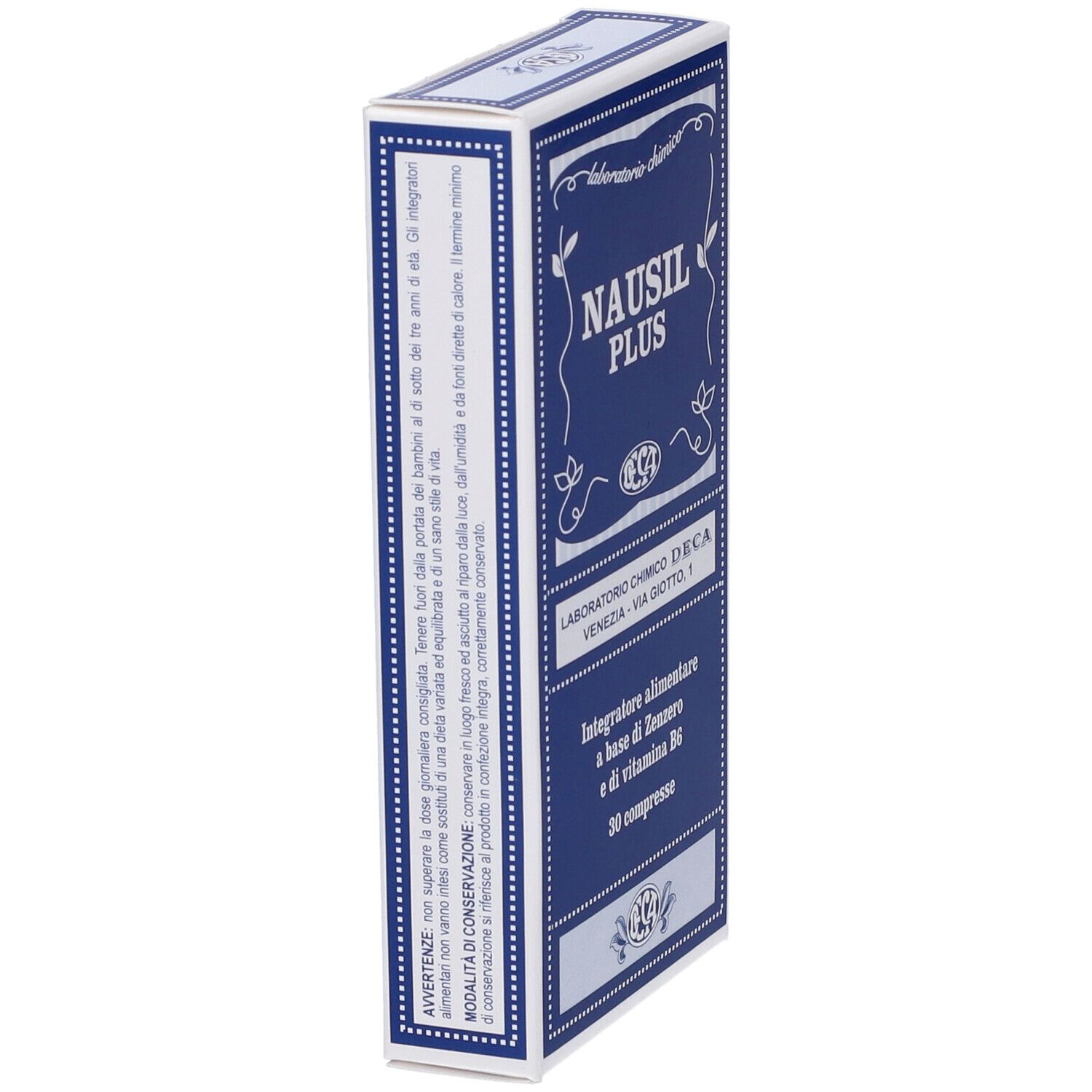 Boîte bleu et blanche, "NAUSIL PLUS". Texte: "Integratore alimentare a base di Zenzero e di vitamina B6".