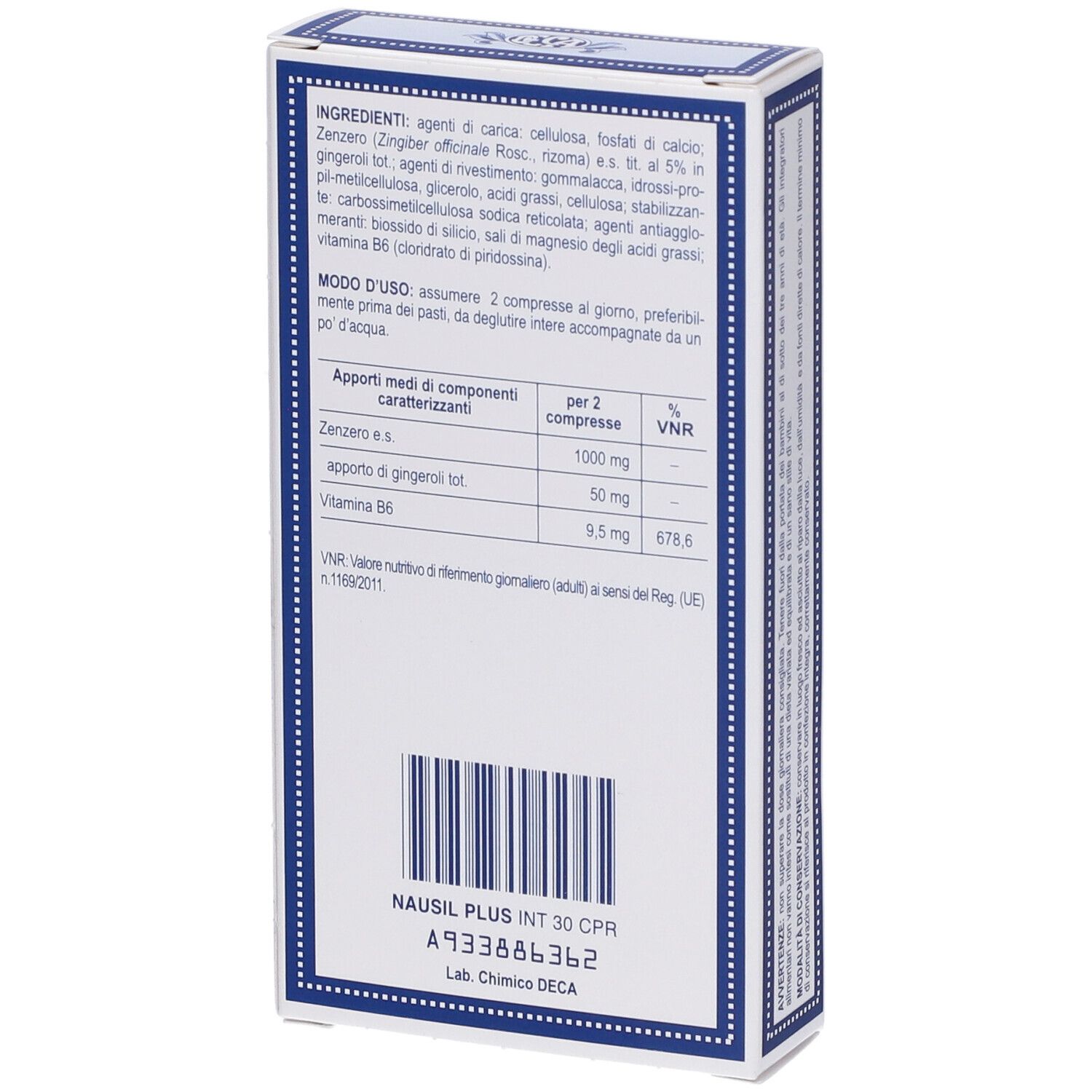 Dos de la boîte "NAUSIL PLUS". Contient ingrédients, dosage et informations nutritionnelles.