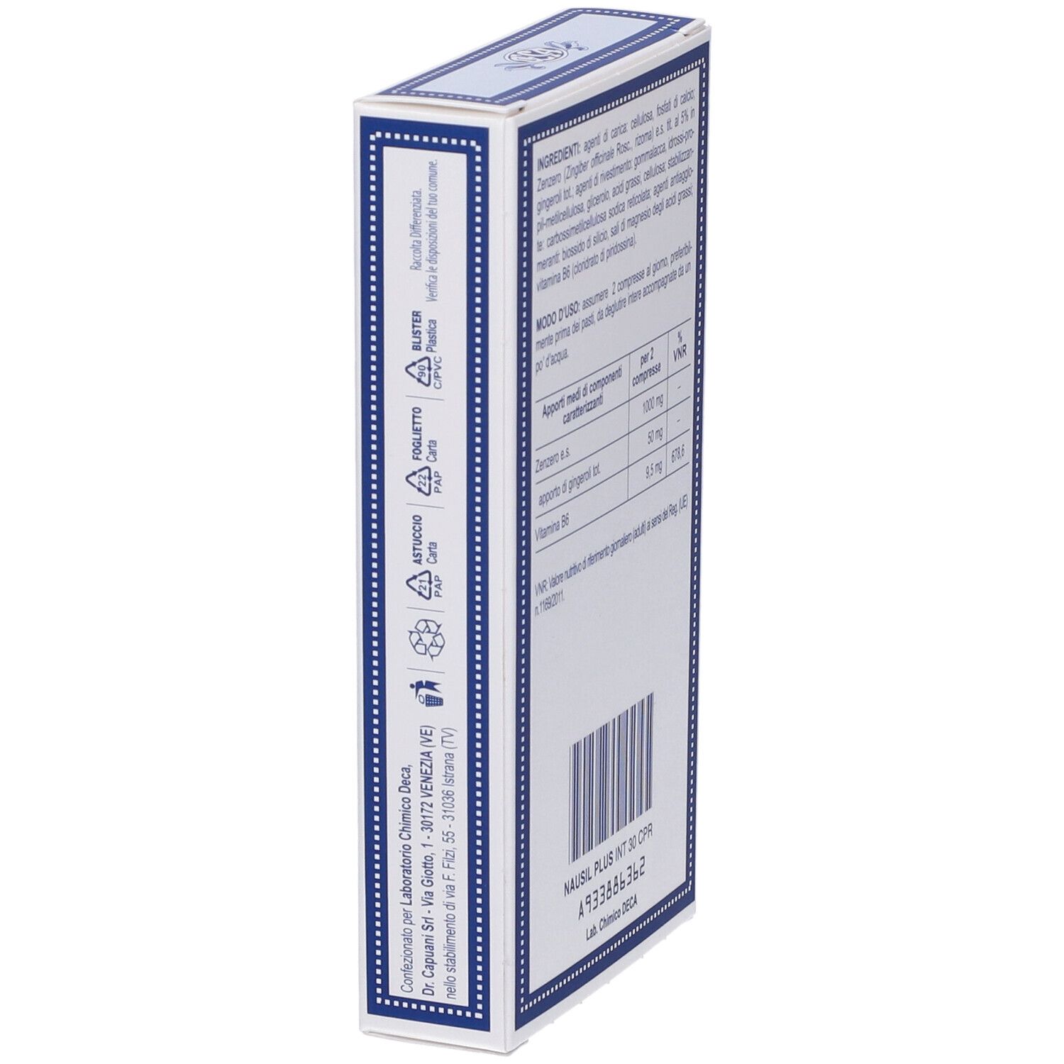 Vue latérale de la boîte "NAUSIL PLUS". Code-barres et symboles de recyclage.