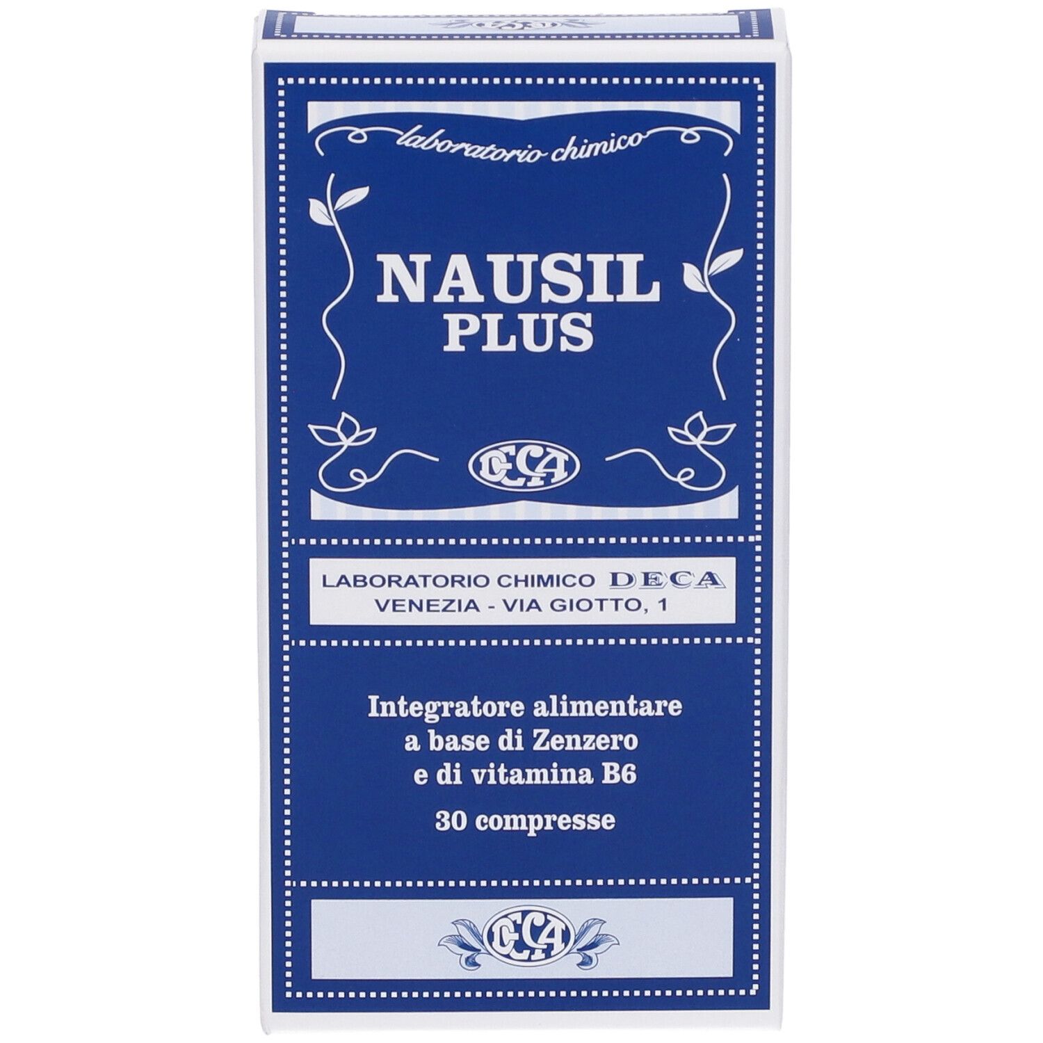 Boîte bleu et blanche, "NAUSIL PLUS". Logo et texte: "Integratore alimentare a base di Zenzero e di vitamina B6".