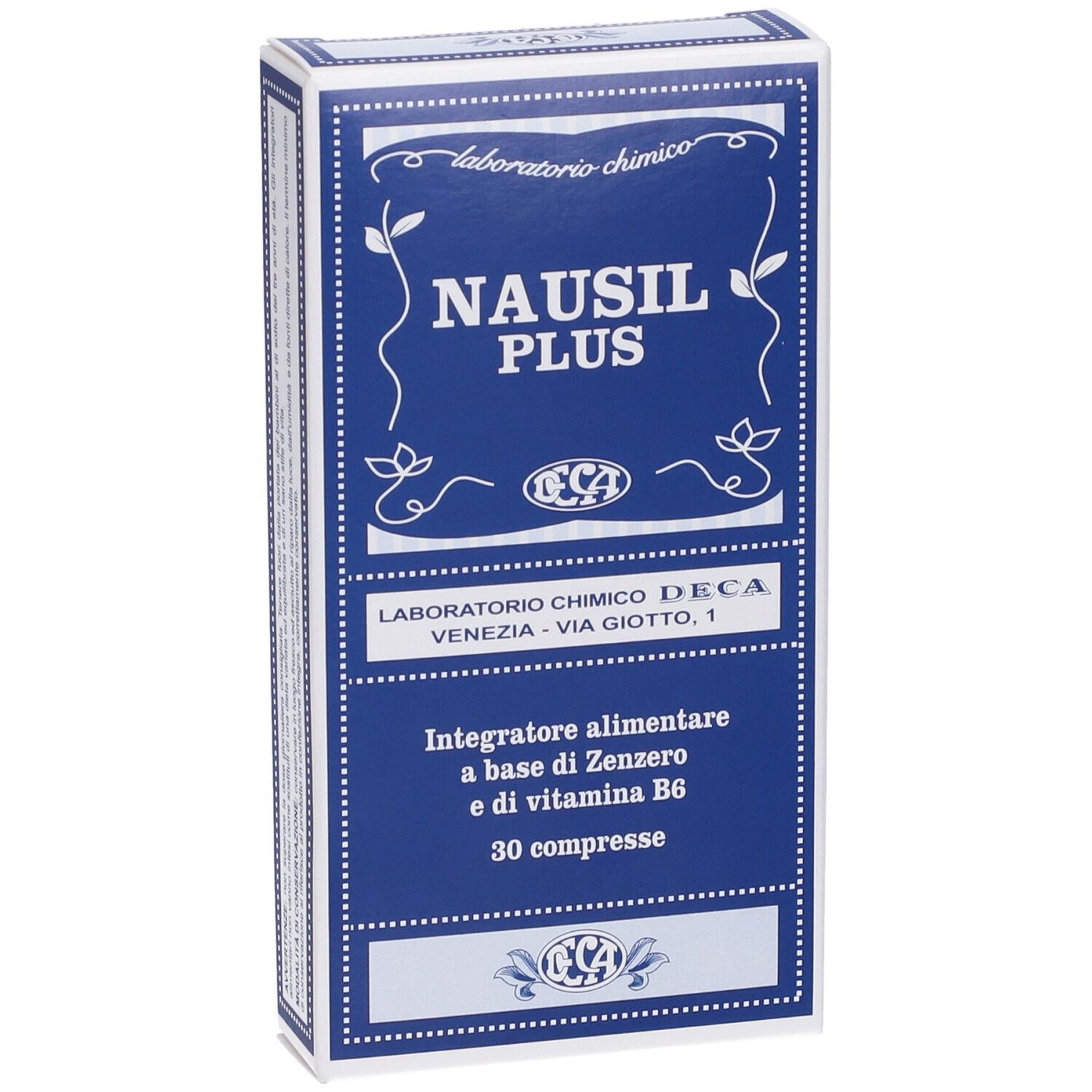 Boîte bleu et blanche, "NAUSIL PLUS". Logo et texte: "Integratore alimentare a base di Zenzero e di vitamina B6".