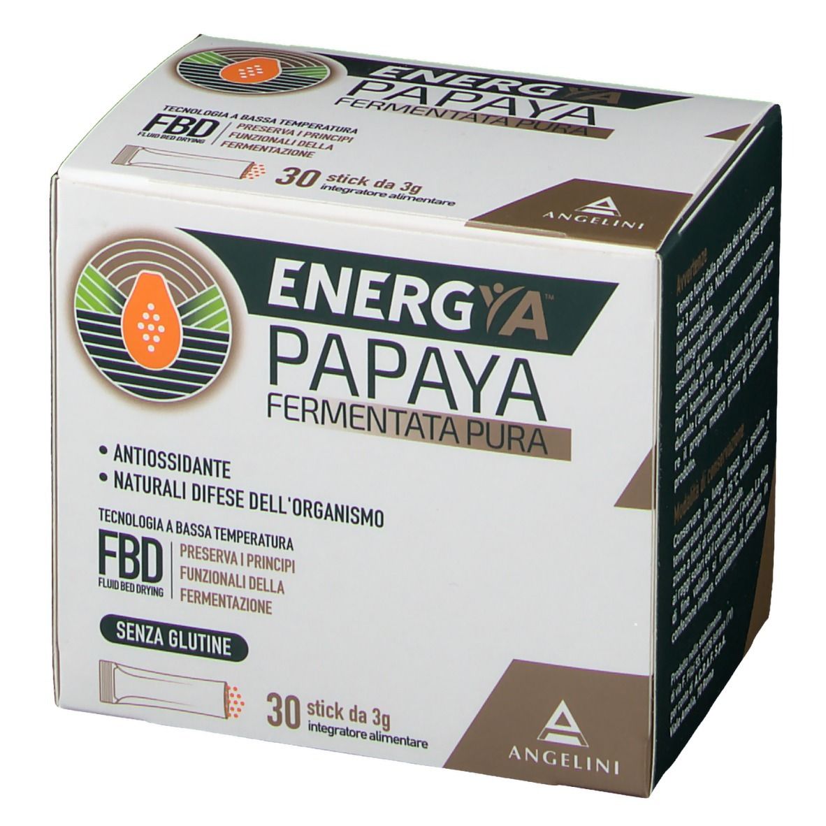 Boîte "Energia Papaya Fermentata Pura". Contient 30 sticks. Marque Angelini. Antioxydant et défenses naturelles. Sans gluten.