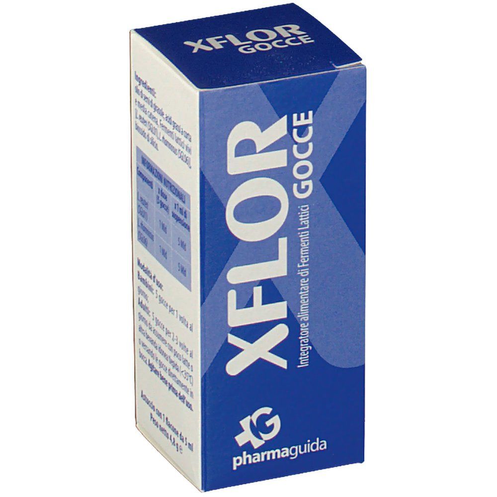 Boîte en carton avec couvercle bleu et corps blanc. Inscription XFLOR Gocce et logo. Texte en italien.