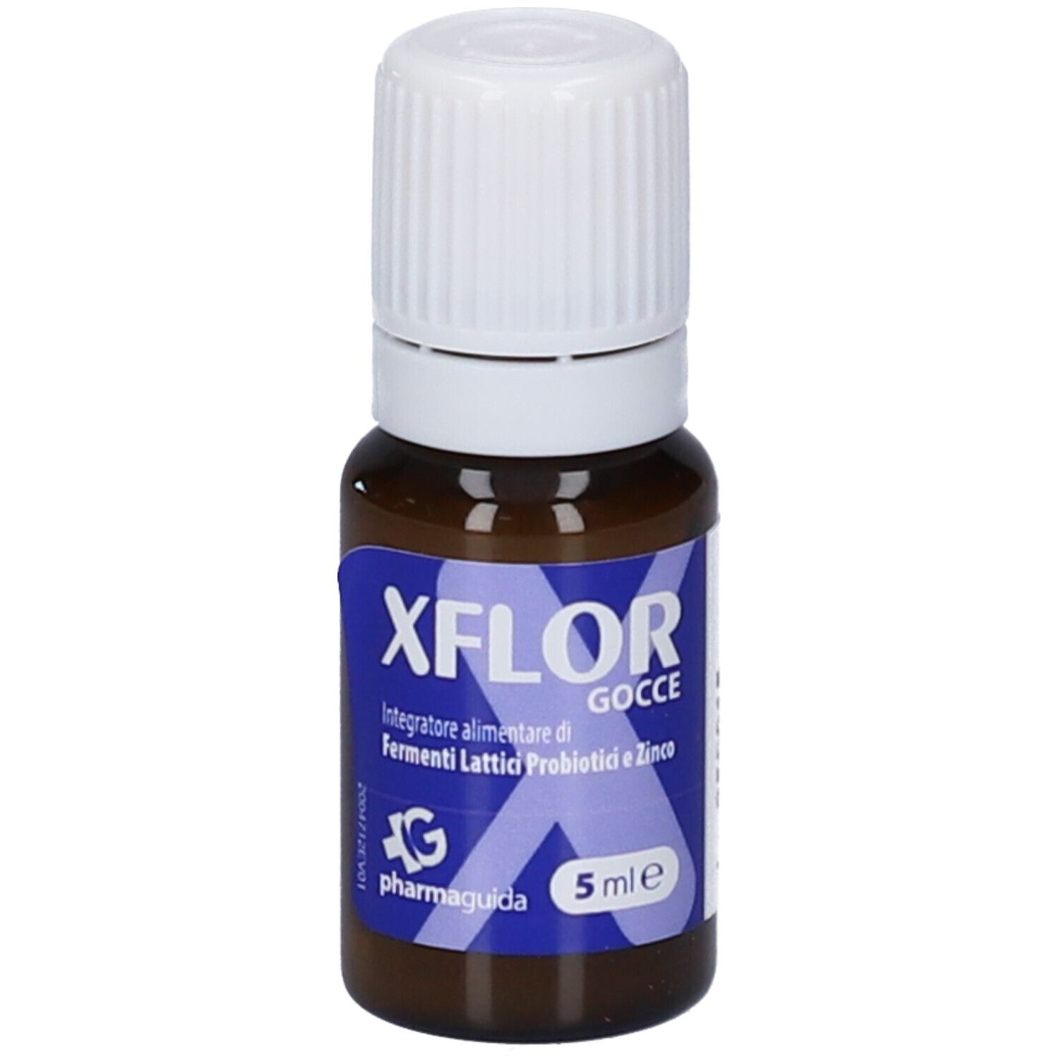 Braune Glasflasche mit weißem Deckel. Blaues Etikett mit Produktnamen XFLOR Gocce und weiteren Informationen. 5 ml.