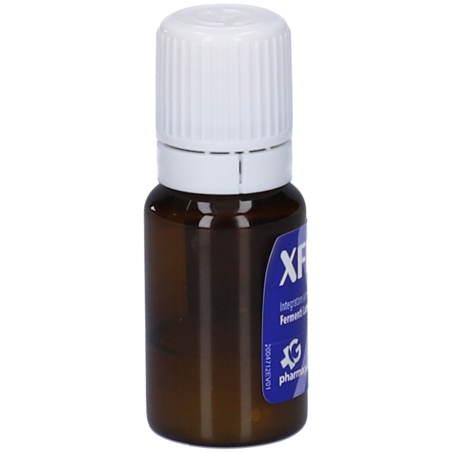 Braune Glasflasche mit weißem Deckel. Blaues Etikett mit Produktinformationen. Herstellerlogo unten links.