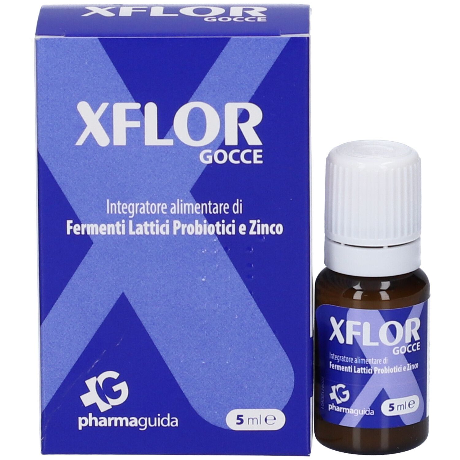 Produktverpackung und Flasche. Blaue Schachtel mit Produktnamen XFLOR Gocce. Braune Flasche mit weißem Deckel.