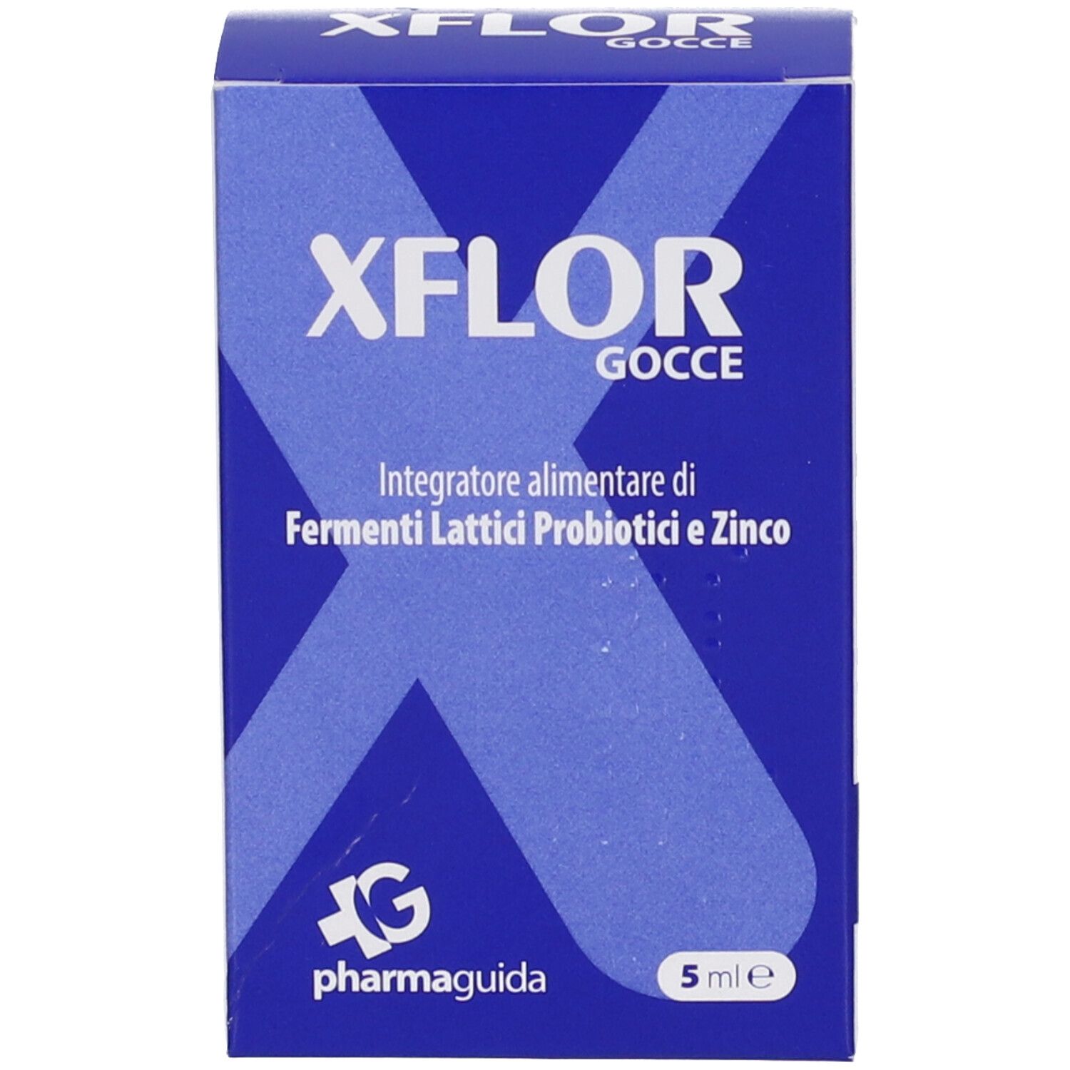 Blaue Produktverpackung mit Produktnamen XFLOR Gocce. Herstellerlogo unten links. 5 ml.