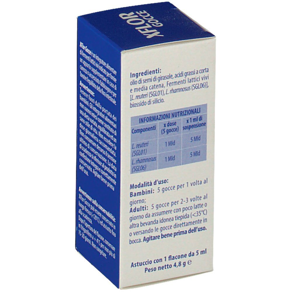 Vue latérale de l'emballage en carton. Couleurs bleu et blanc. Texte en italien avec informations sur le contenu.