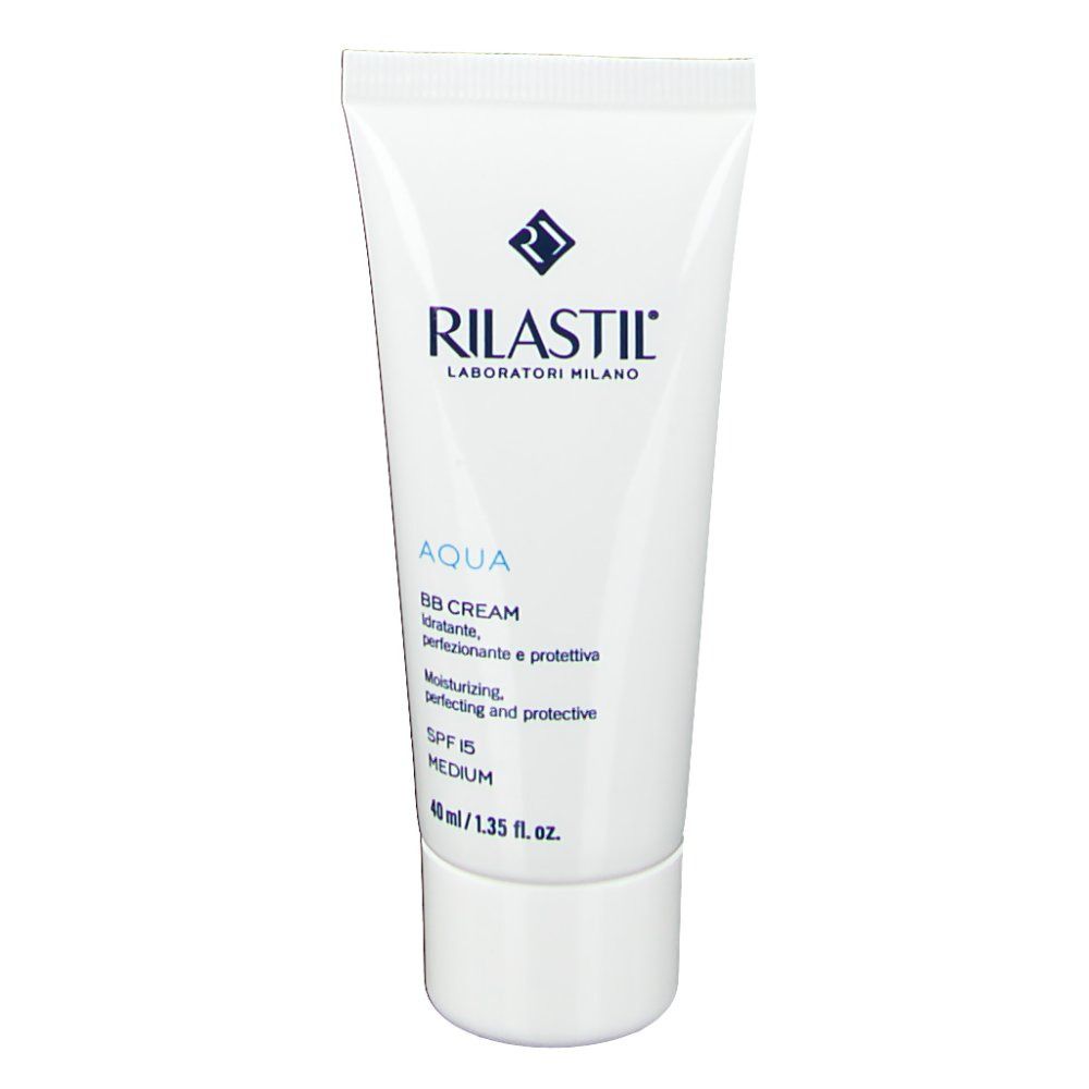 Tube blanc Rilastil Aqua BB Cream. Texte: Aqua, BB Cream, SPF 15, Medium. 40 ml/1.35 fl. oz.