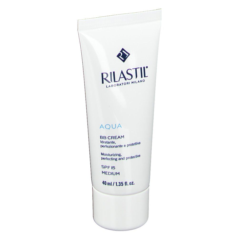 Tube blanc Rilastil Aqua BB Cream. Texte: Aqua, BB Cream, SPF 15, Medium. 40 ml/1.35 fl. oz.