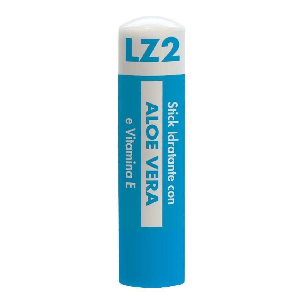 Blauer Lippenpflegestift mit weißem Deckel. Aufschrift: LZ2, Aloe Vera, Stick Idratante con, e Vitamina E.