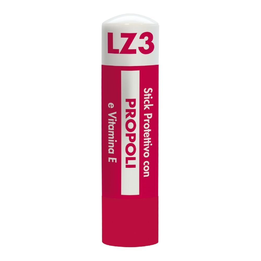Stick à lèvres blanc et rouge. Inscription: LZ3, Propoli, e Vitamina E.