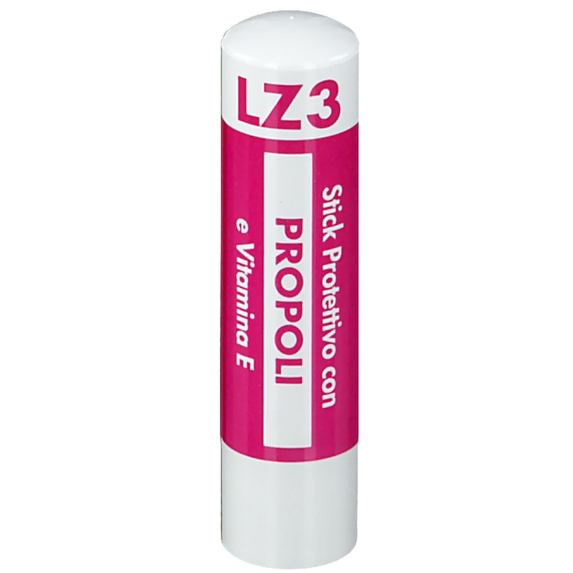 Stick à lèvres blanc et rose. Inscription: LZ3, Propoli, e Vitamina E.