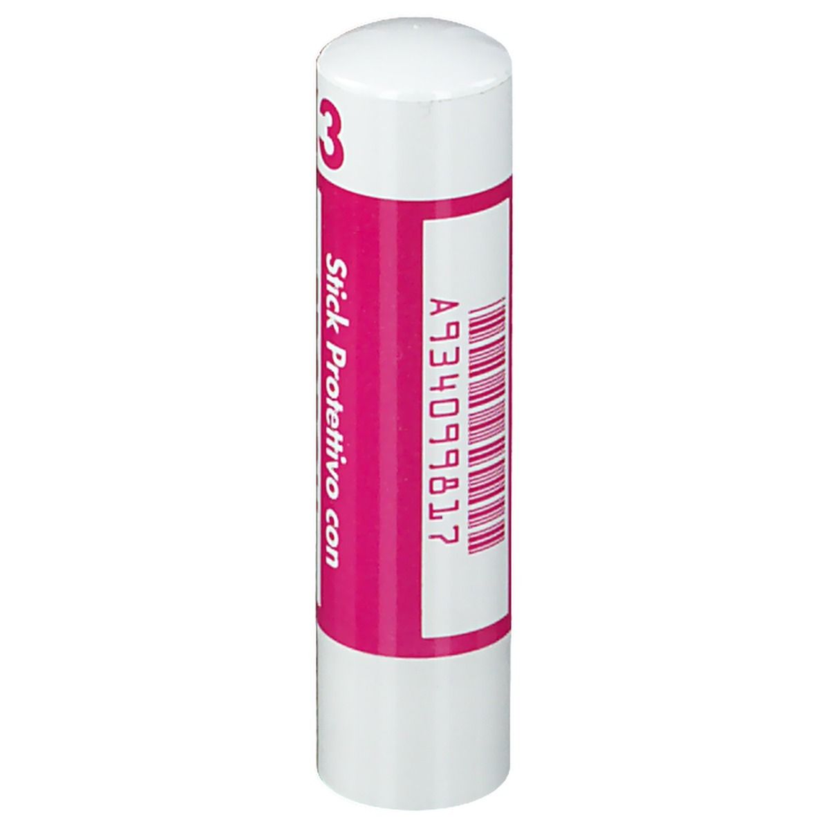 Stick à lèvres blanc et rose. Code-barres et inscription.