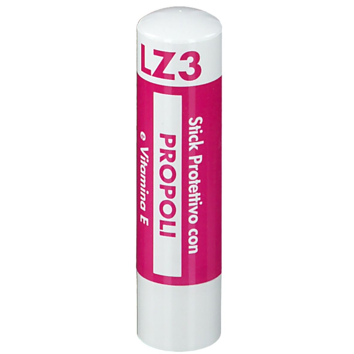 Stick à lèvres blanc et rouge. Inscription: LZ3, Propoli, e Vitamina E.