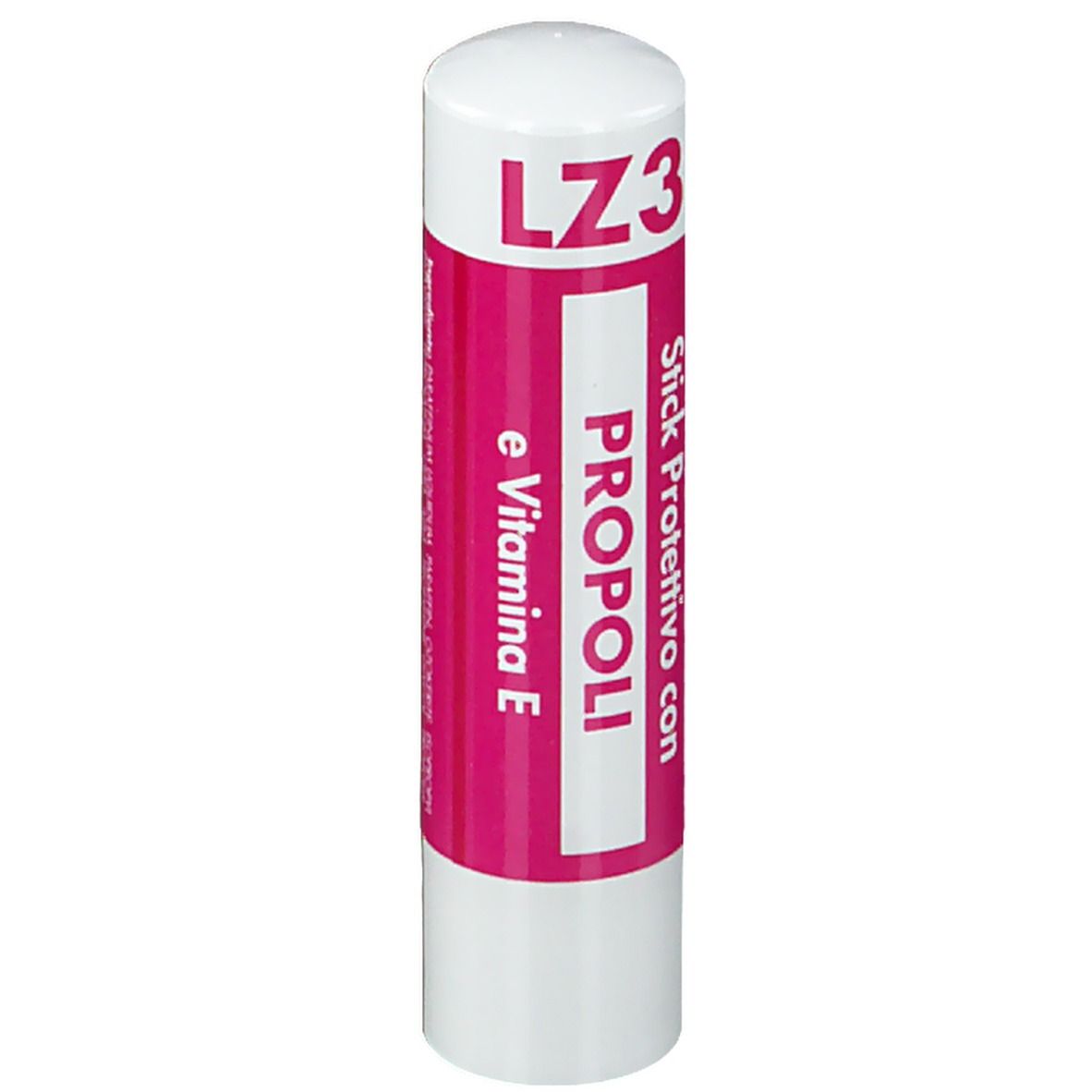 Stick à lèvres blanc et rouge. Inscription: LZ3, Propoli, e Vitamina E.