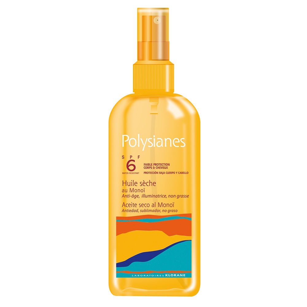 Gelbe Sprühflasche mit Produktinformationen. Aufschrift: Polysianes SPF 6, Huile sèche au Monoï.