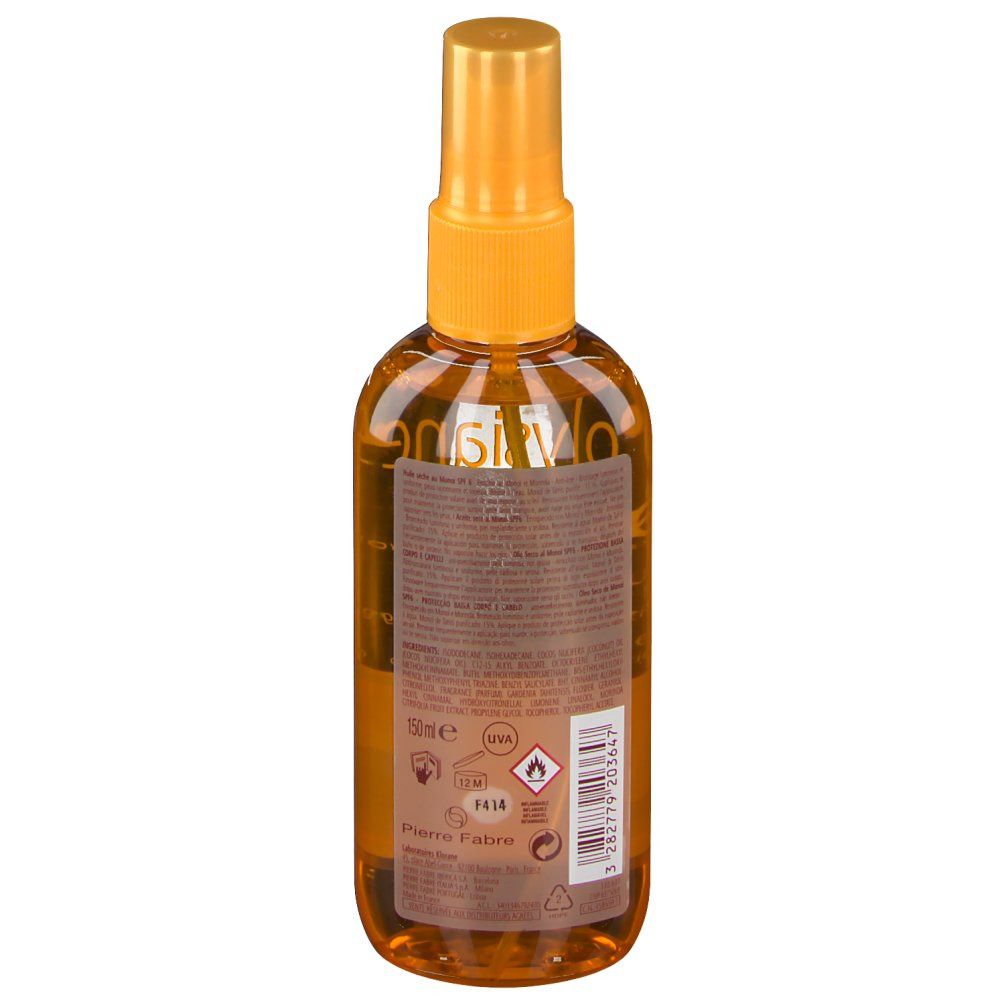 Rückseite der gelben Sprühflasche. Produktinformationen und Warnhinweise. 150ml.