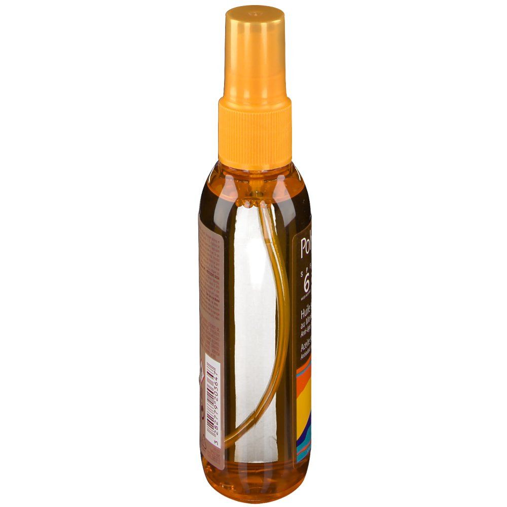 Gelbe Sprühflasche, Seitenansicht. Produktinformationen teilweise sichtbar. Aufschrift: Polysianes SPF 6.