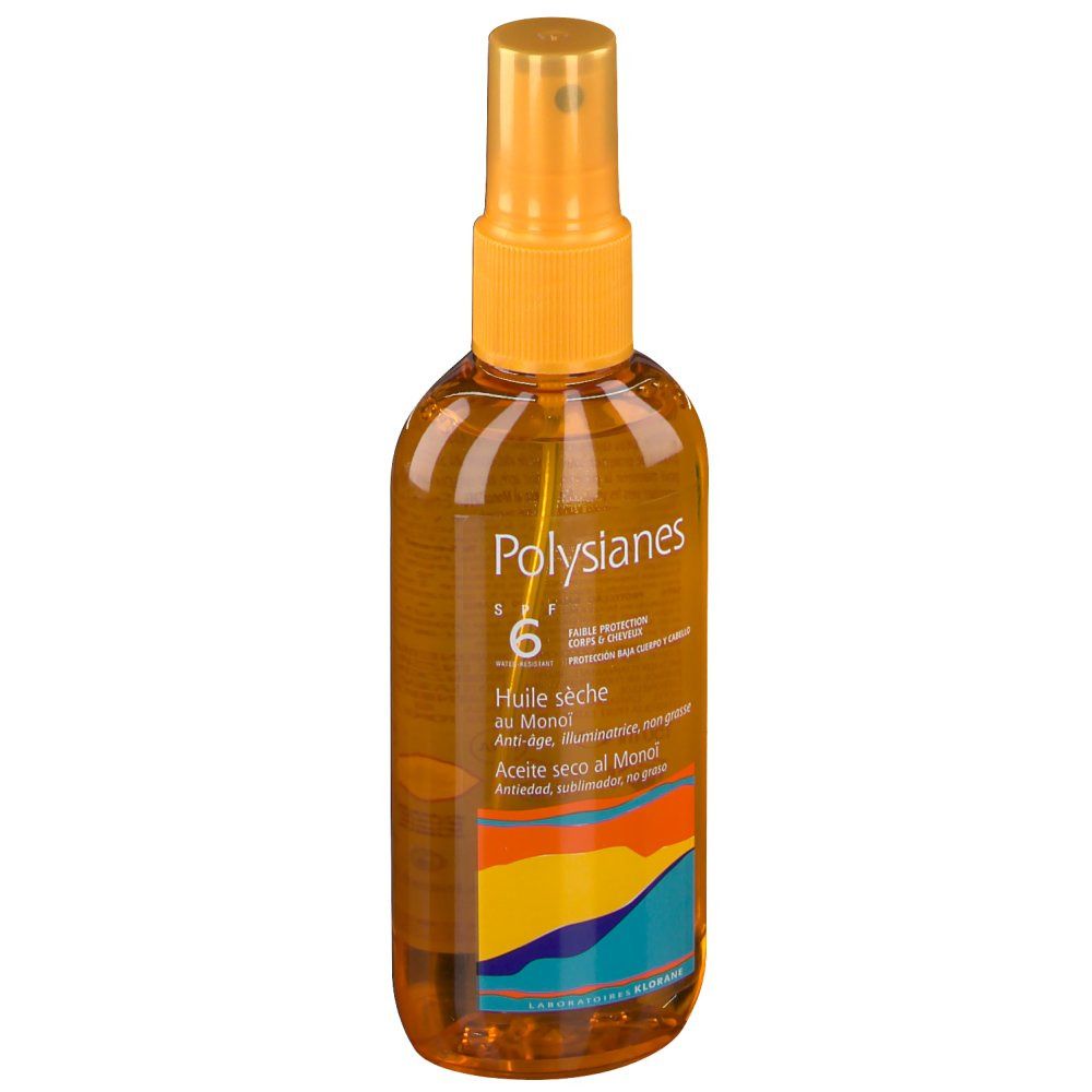 Gelbe Sprühflasche mit Produktinformationen. Aufschrift: Polysianes SPF 6, Huile sèche au Monoï.