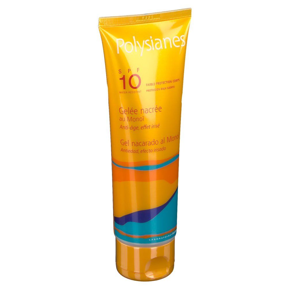 Tube de gel avec bouchon jaune. Inscription : Polysianes, SPF 10, Gelée nacrée au Monoï. Motifs abstraits colorés.