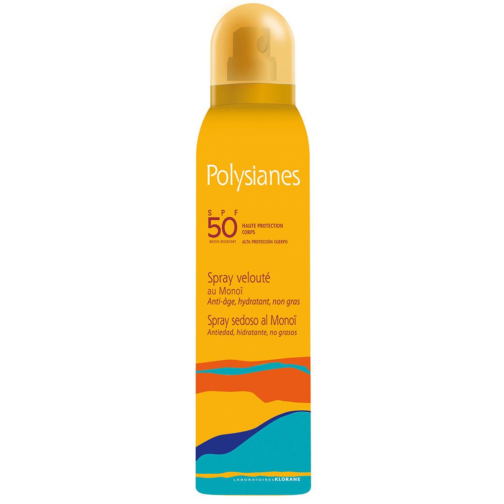 Gelbe Sprühflasche mit Aufschrift Polysianes, SPF 50. Text: Spray velouté au Monoï. Farbige Streifen am unteren Ende.