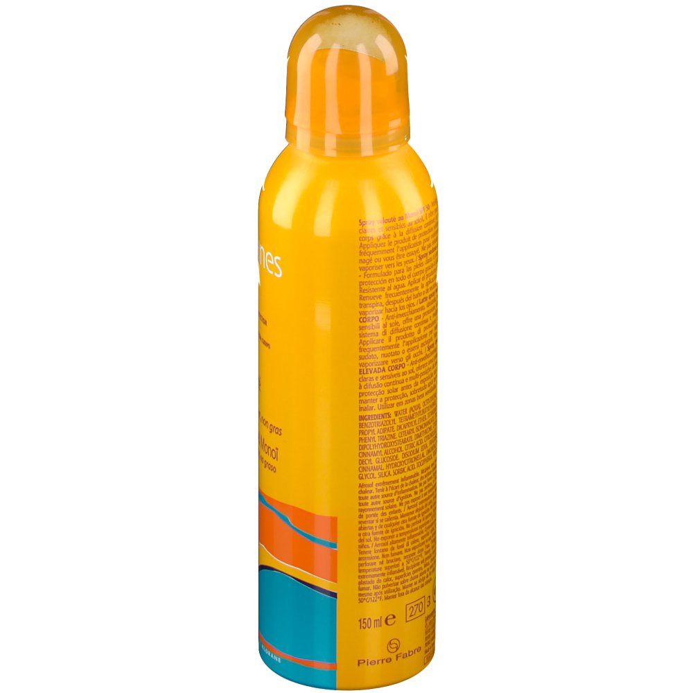 Gelbe Sprühflasche mit Text. Rückseite mit Text. Unten farbige Streifen. Oben gelber Sprühkopf.