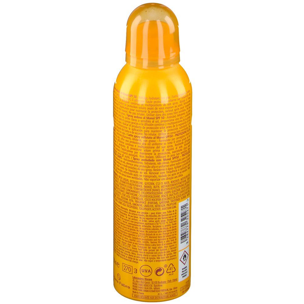 Gelbe Sprühflasche mit Text. Rückseite mit Text. Oben gelber Sprühkopf. Unten farbige Streifen.